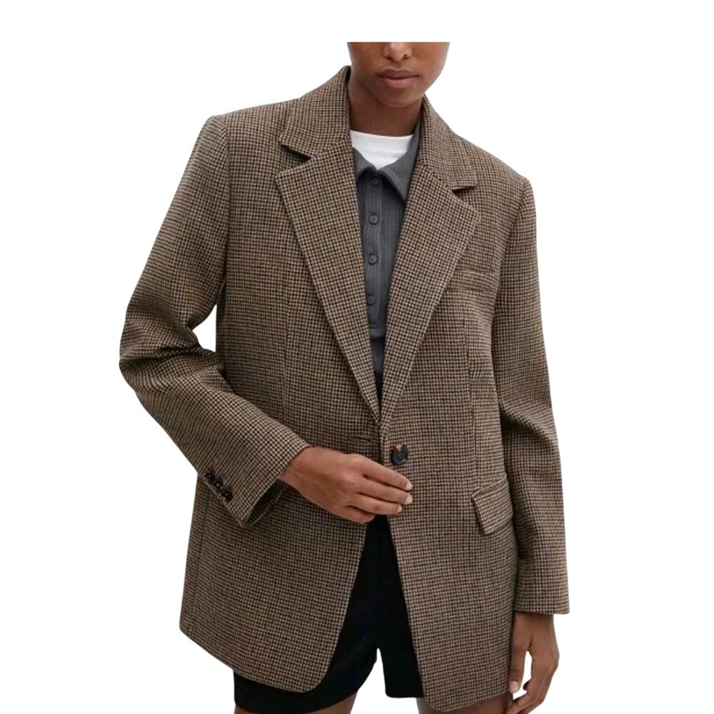 Mango Womens Lapels Houndstooth Blazer SZ S Brown Wool Blend One Button
